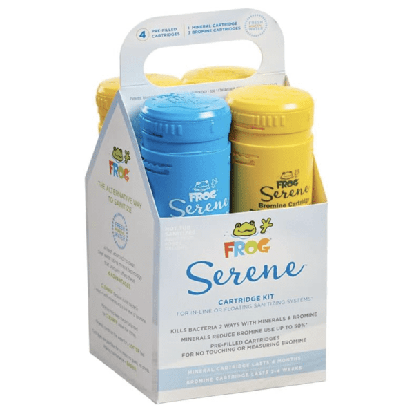 A box of FROG Serene Cartridge Kits for Hot Tubs in a blue box.